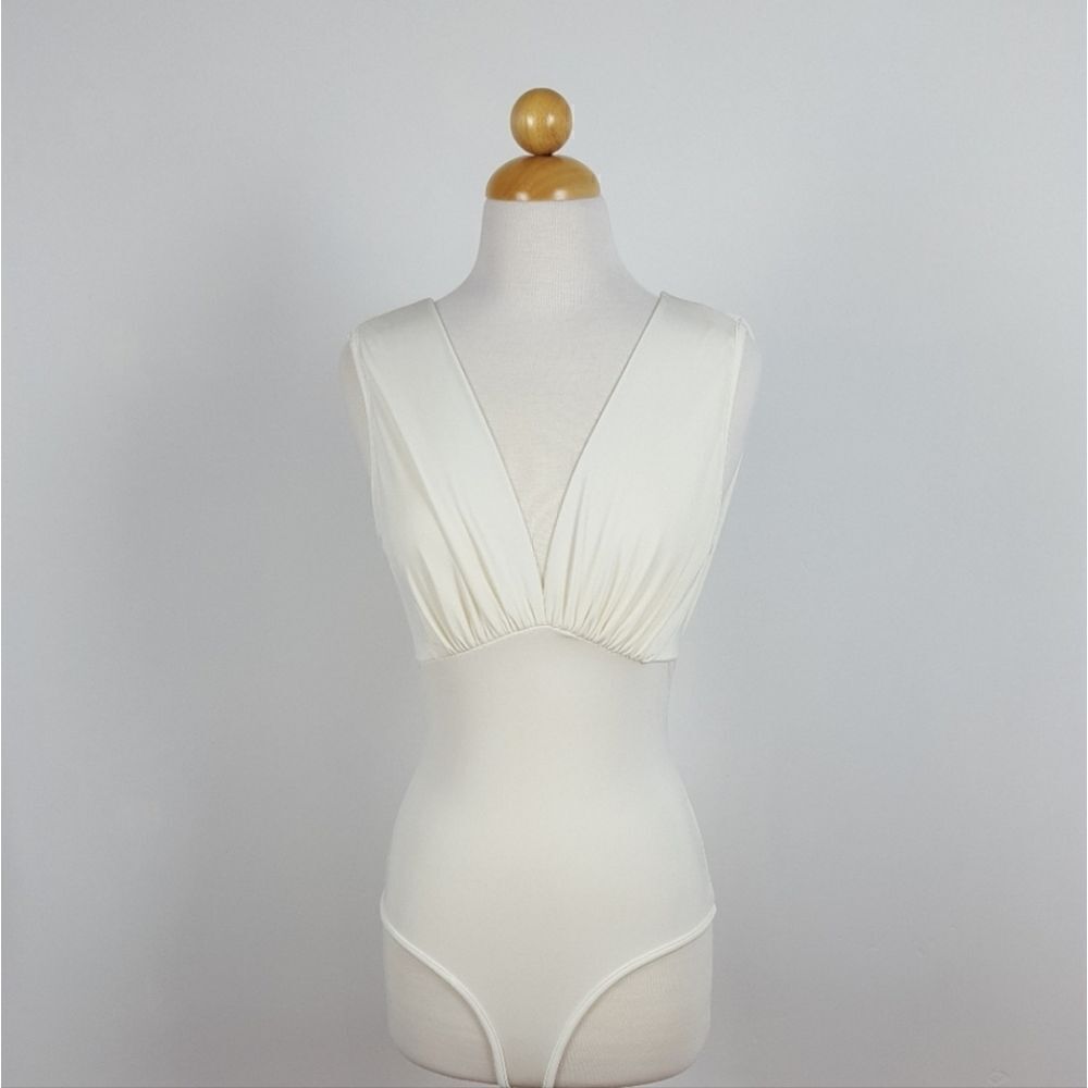 White V-Neck Bodysuit with a Beautiful Back Neckline Women's Top Blouse By Privy